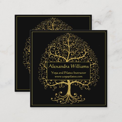 Luxury Gold Black Tree of Life Personalized Square Business Card