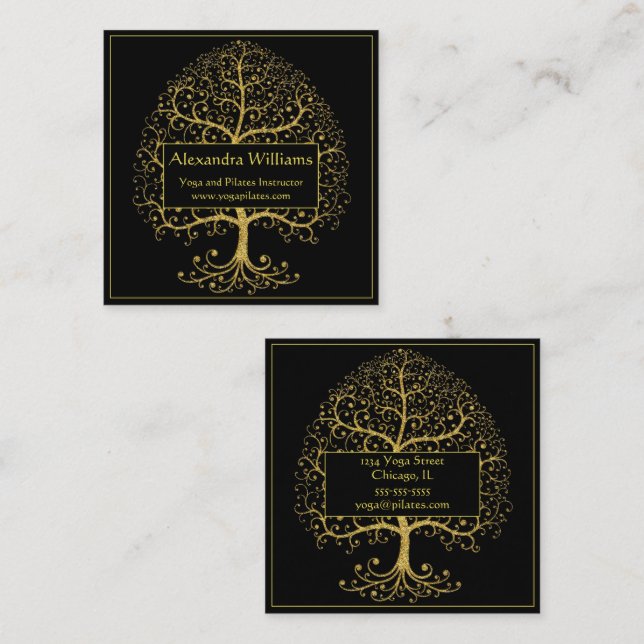 Luxury Gold Black Tree of Life Personalized Square Business Card (Front/Back)