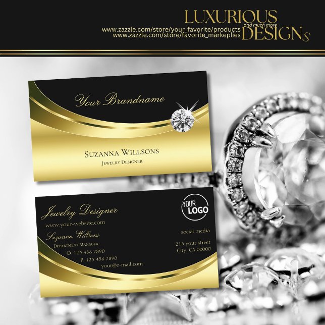 Luxury Gold Black with Logo and Sparkle Diamond Business Card (Creator Uploaded)