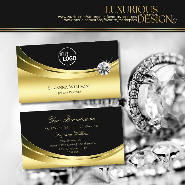 Luxury Gold Black with Logo and Sparkling Diamond Business Card (Creator Uploaded)