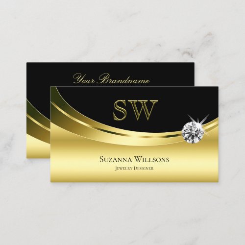 Luxury Gold Black with Monogram Sparkling Diamond Business Card