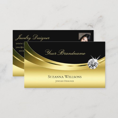 Luxury Gold Black with Photo and Sparkling Diamond Business Card