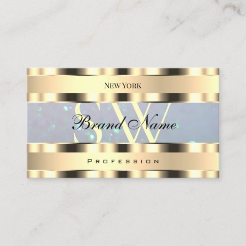 Luxury Gold Blue Pearl Glitter Monogram Open Hours Business Card