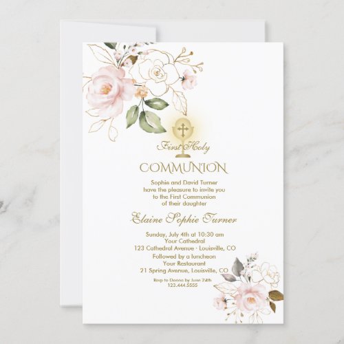 Luxury Gold Blush Flowers First Holy Communion Invitation