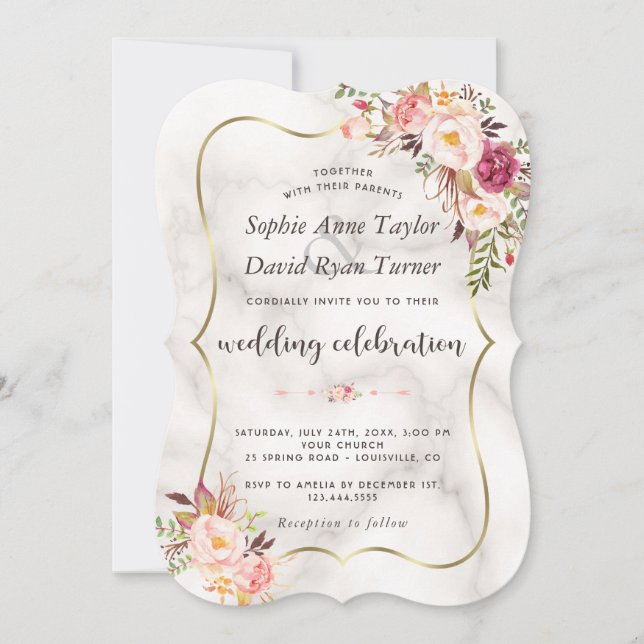 Luxury Gold Blush Pink Floral Marble Wedding Invitation (Front)