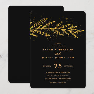 Luxury Gold Botanical Foliage Black Wedding Invitation
