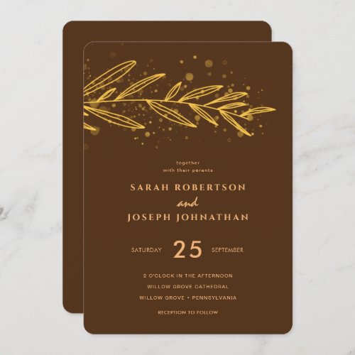 Luxury Gold Botanical Foliage Brown Wedding Invitation