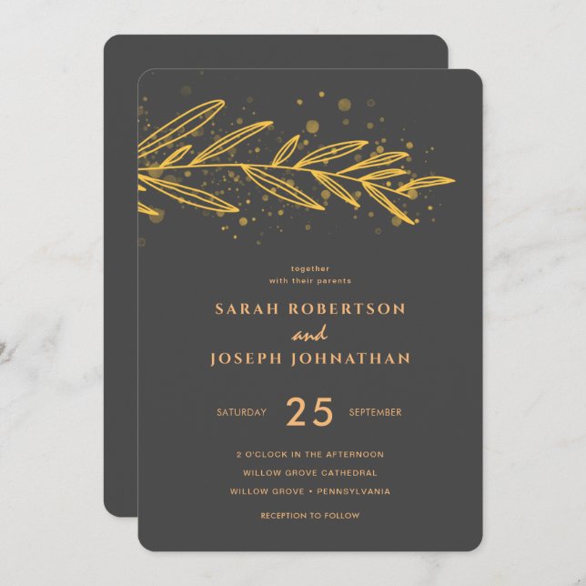 Luxury Gold Botanical Foliage Grey Wedding Invitation (Front/Back)