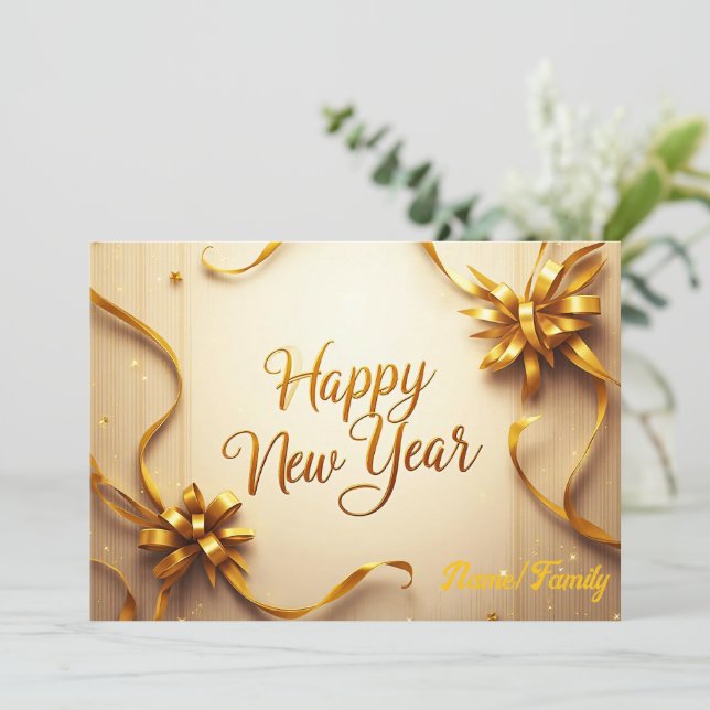 Luxury Gold Bow & Confetti New Year's Holiday Card (Standing Front)