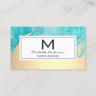 Luxury Gold Brushed Blue Watercolor with Monogram Business Card