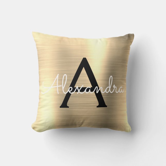 Luxury Gold Brushed Metal Monogram Name Initial Throw Pillow (Front)