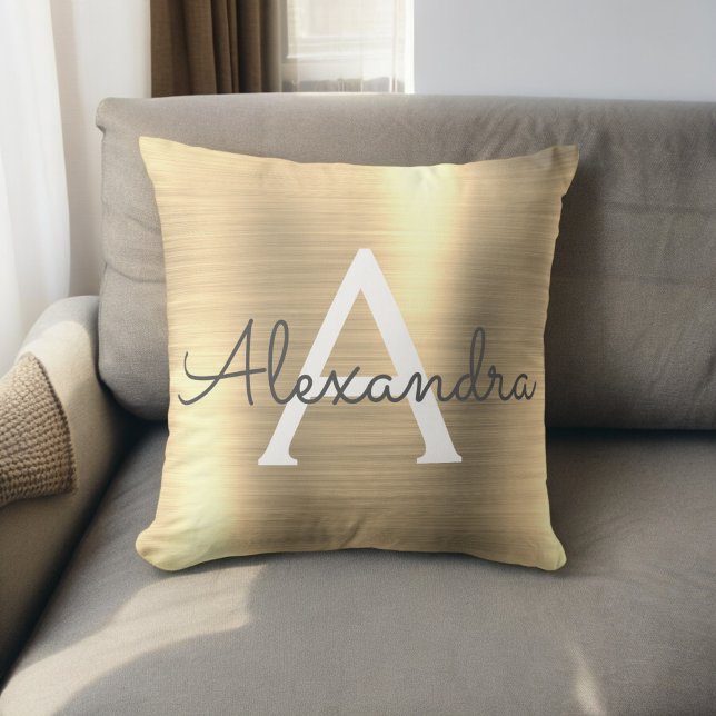 Luxury Gold Brushed Metal Monogram Name Initial Throw Pillow (Creator Uploaded)