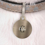 Luxury Gold Brushed Metal Monogram Pet ID Tag<br><div class="desc">Treat your pet to a touch of glamour with this chic I.D. tag,  featuring their name in elegant white script lettering over a black monogram initial,  on a background of gold faux brushed metal. Customize the reverse with your phone number or text of your choice in white.</div>