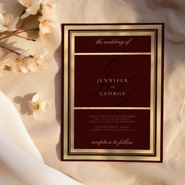 Luxury gold burgundy monogram initials wedding invitation (Luxury gold burgundy monogram initials wedding)