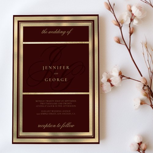 Luxury gold burgundy monogram initials wedding invitation