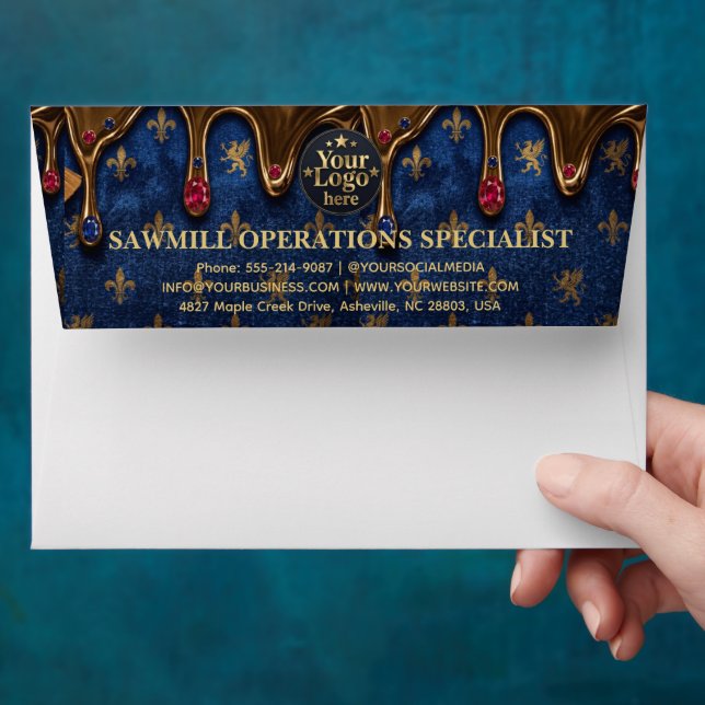 Luxury Gold Business Logo Return Address Navy Blue Envelope (Hand)