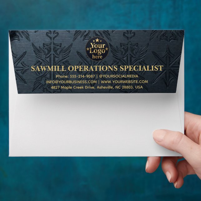 Luxury Gold Business Logo Return Address Navy Blue Envelope (Hand)