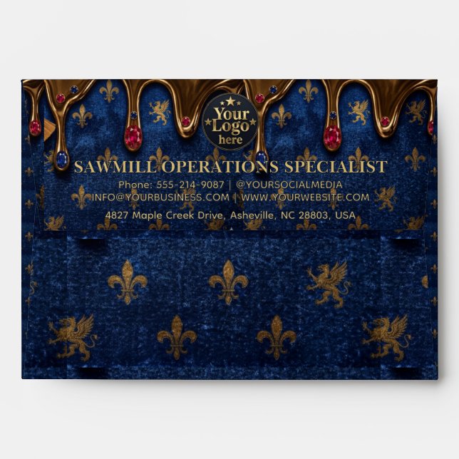 Luxury Gold Business Logo Return Address Navy Blue Envelope (Back (Top Flap))
