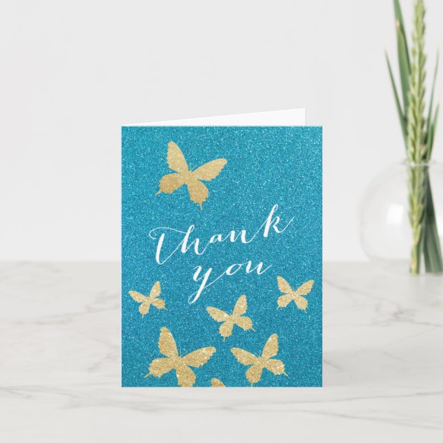 Luxury Gold Butterflies Teal Thank You Cards (Front)