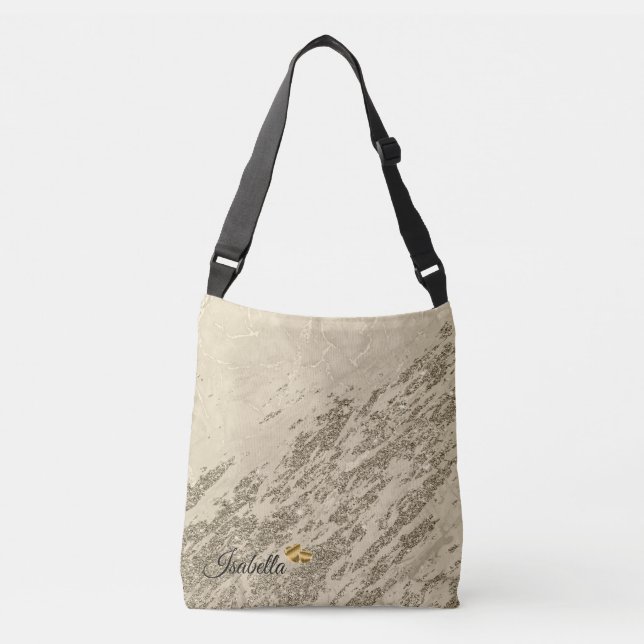 Luxury Gold Champagne Glitter Marble Add Text Crossbody Bag (Front)