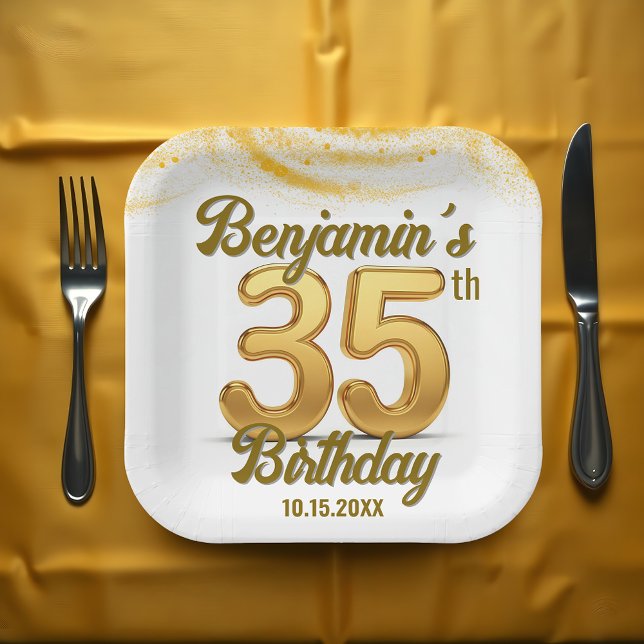 Luxury Gold Confetti 35th Birthday Celebration Paper Plates (Creator Uploaded)