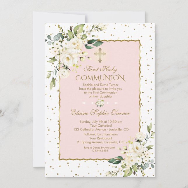 Luxury Gold Confetti White Floral Holy Communion Invitation (Front)