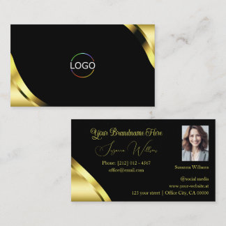 Luxury Gold Corners on Black with Logo and Photo Business Card
