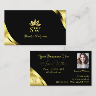Luxury Gold Corners on Black with Monogram Photo Business Card