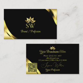 Luxury Gold Corners on Black with Monogram QR Code Business Card