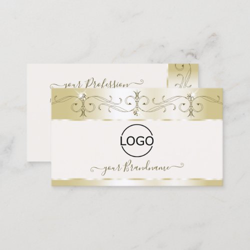 Luxury Gold Cream Ornate Sparkling Jewels Add Logo Business Card