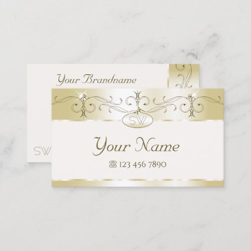 Luxury Gold Cream Ornate Sparkling Jewels Initials Business Card