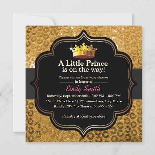 Luxury Gold Crown Little Prince Baby Shower 5.25x5.25 Square Paper Invitation Card