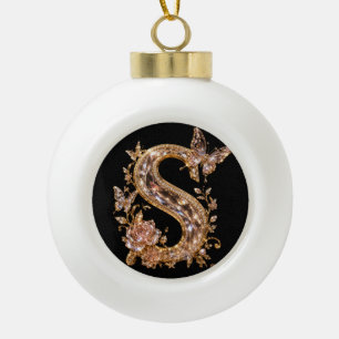 Luxury Gold Crystal Letter S   Royal Monogram Ceramic Ball Christmas Ornament