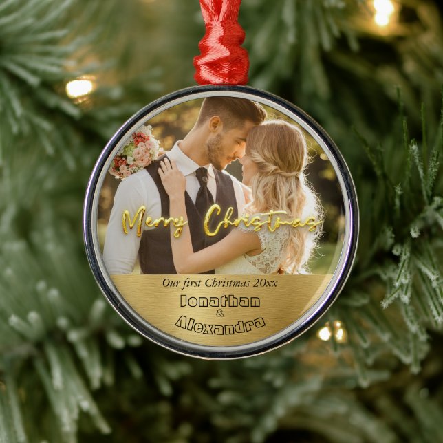 Luxury gold Cute couple photo First Christmas Metal Ornament (Tree)