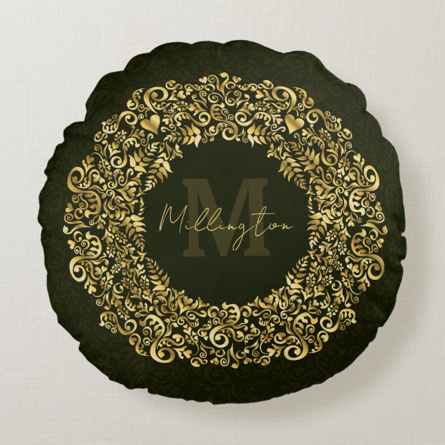 Luxury Gold Damask Monogram Round Pillow (Front)