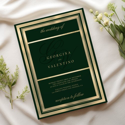 Luxury gold dark green monogram initials wedding invitation