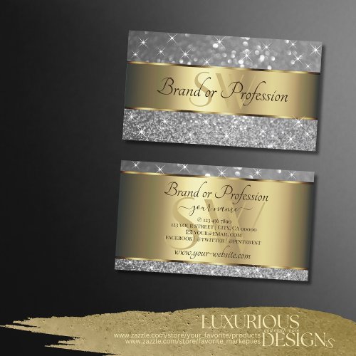 Luxury Gold Decor Sparkle Silver Glitter Initials Business Card
