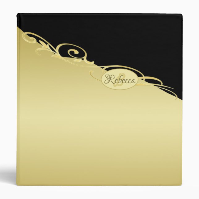 Luxury gold decorative on gold & black, Monogram 3 Ring Binder (Front)