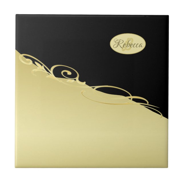 Luxury gold decorative on gold & black, Monogram Ceramic Tile (Front)
