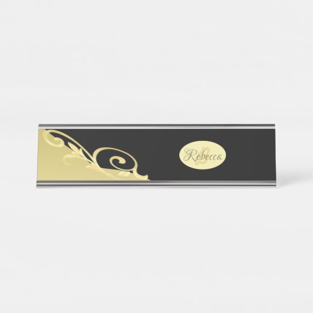 Luxury gold decorative on gold & black, Monogram Desk Name Plate (Front)