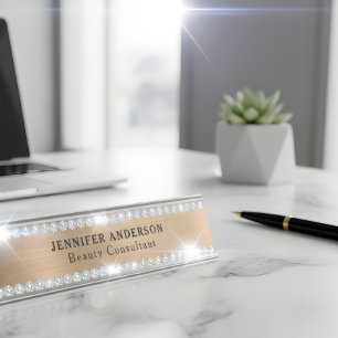 Luxury Gold Diamond Border Metallic Desk Name Plate