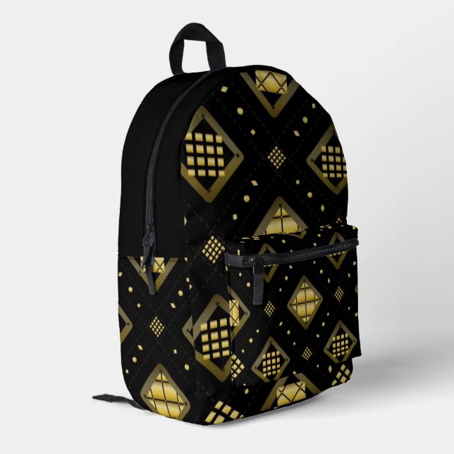 Luxury Gold Diamond Geometric Pattern on Black Printed Backpack (Back Corner Left)