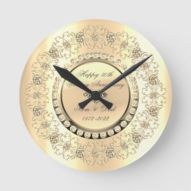 Luxury Gold Diamonds 25th Wedding Anniversary Round Clock (Front)