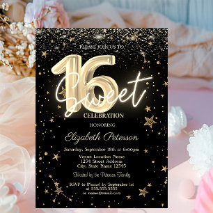 Luxury Gold Diamonds Stars Black Sweet 16 Invitation