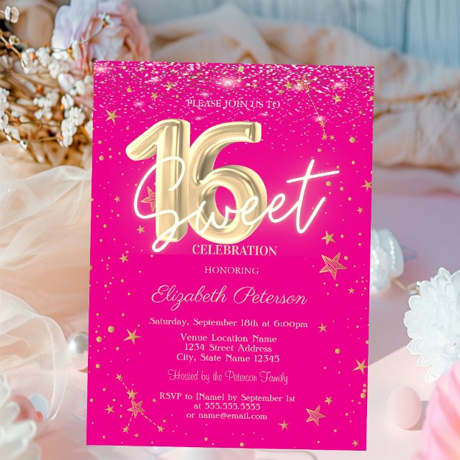 Luxury Gold Diamonds Stars Pink Sweet 16 Invitation (Creator Uploaded)