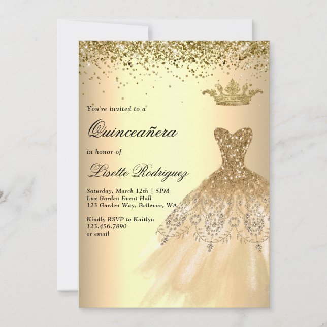 Luxury Gold Dress Crown Quinceanera Invitation (Front)