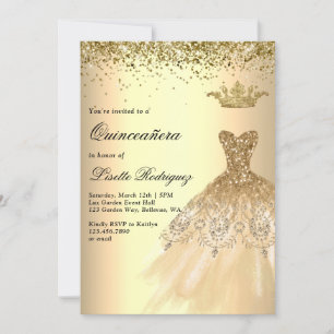 Luxury Gold Dress Crown Quinceanera Invitation