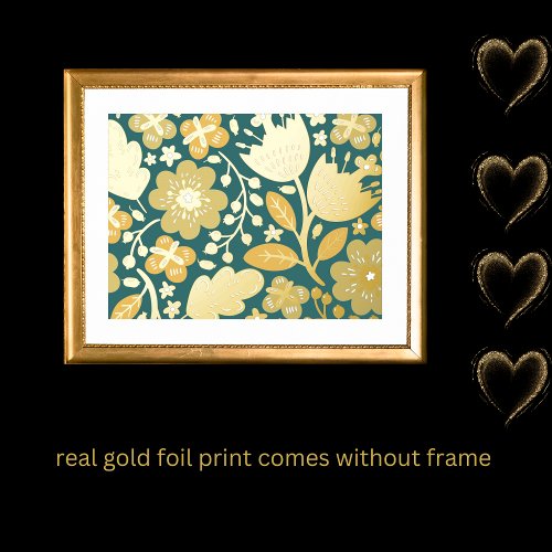 luxury gold dusty blue abstract modern flower real foil prints