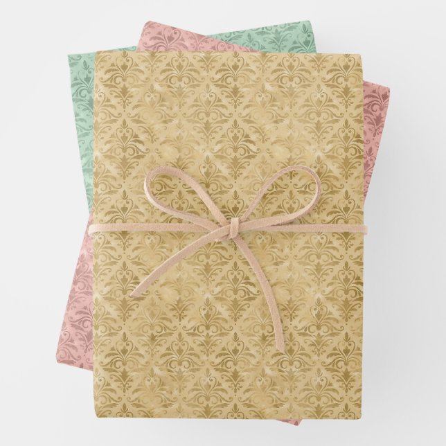 Luxury Gold, Dusty Pink, and Green Damask Pattern Wrapping Paper Sheets (In situ)
