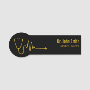 Luxury Gold ECG Wave EKG Line Stethoscope Medical Name Tag
